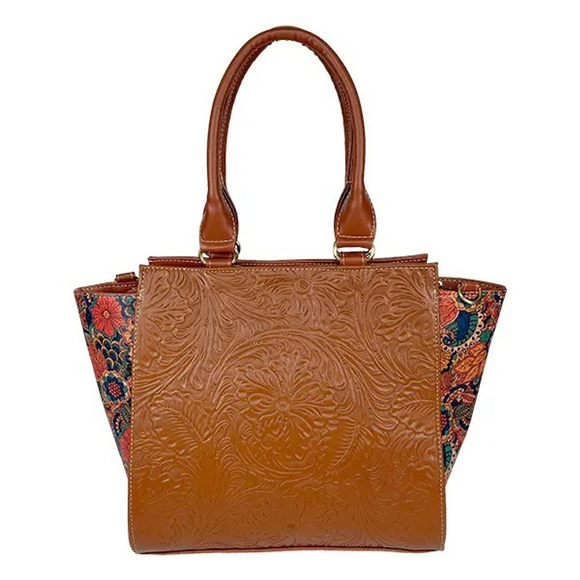 Floral Cork Cognac Brown Embossed Tooled Artisan LEATHER Hobo Bag Purse Tote - Picture 5 of 11